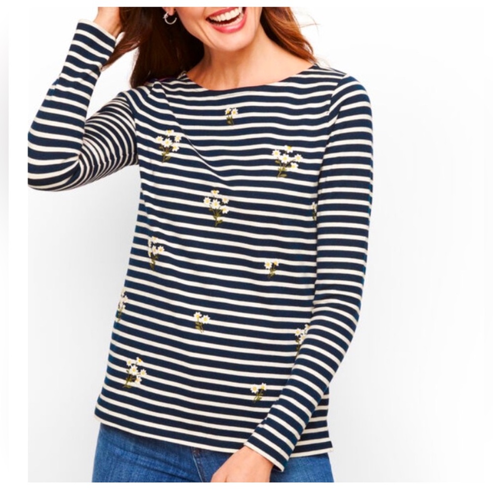 Talbots Daisy Floral Embroidered Striped Authentic Tee - L/P
